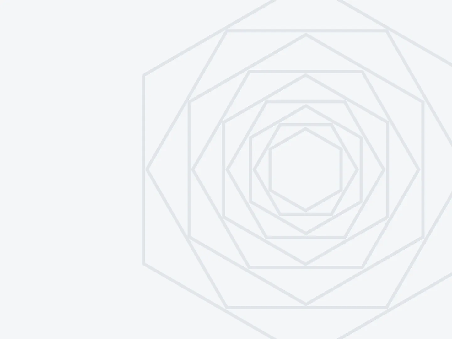 A series of concentric hexagons on a white background, small to large, each at a 90 degree angle from the one below it. The hexagons are arranged according to the golden ratio.